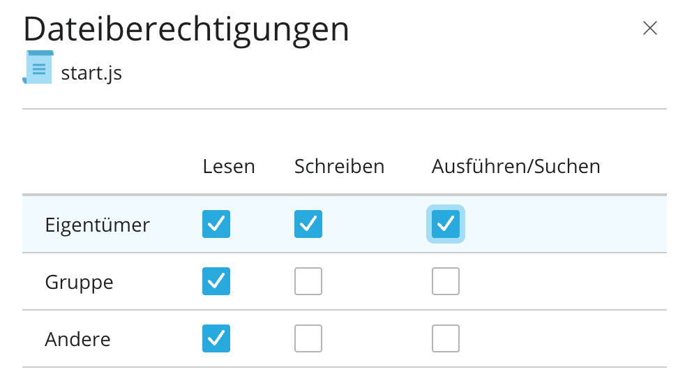Berechtigungen setzten für start.js