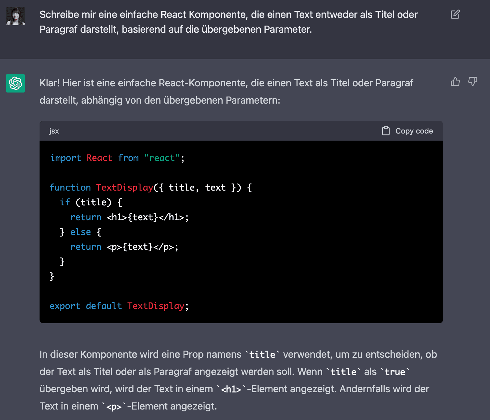 Eine von ChatGPT generierte Komponente, welche Text rendert